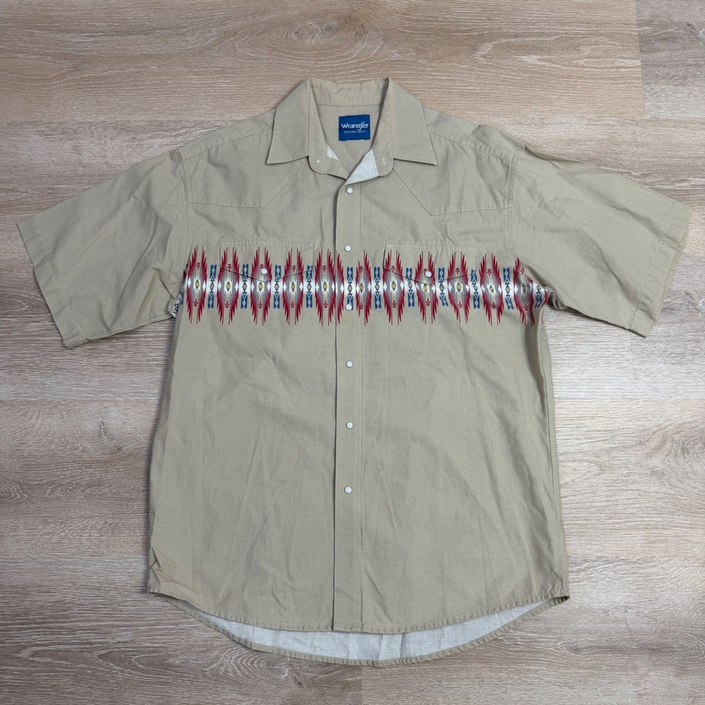 Wrangler Western Shirt Mens Large Tan Aztec Southwestern Pearl Snap Short Sleeve